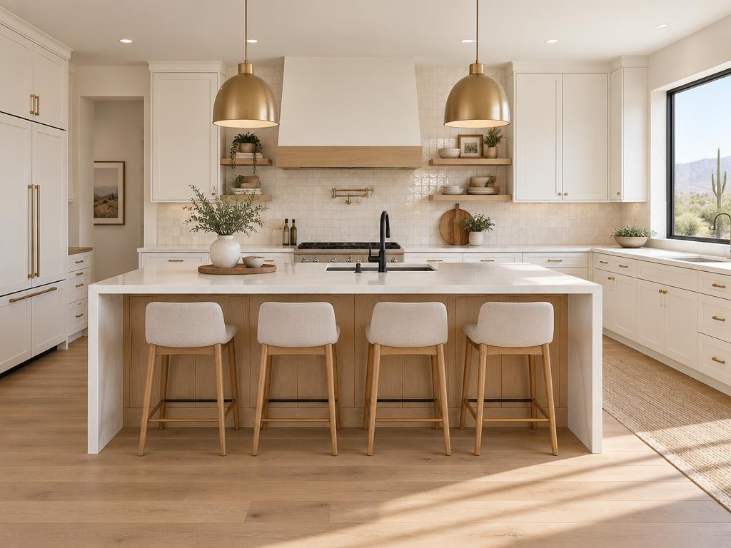 1990s builder kitchen reworked around a white oak island in Summerlin, Las Vegas — after kitchen remodeling photo