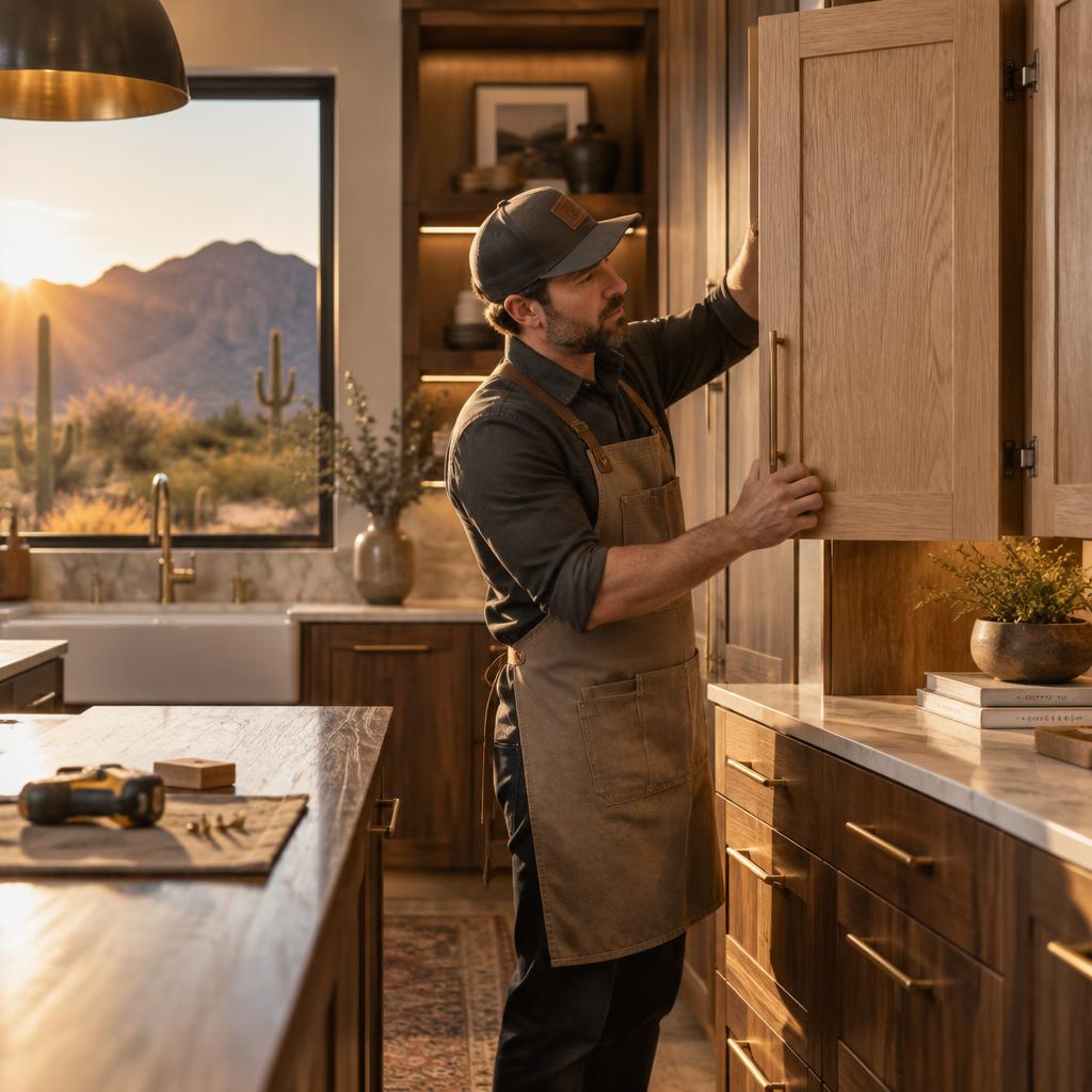 Kitchen remodeling craftsman installing new cabinets in a Las Vegas home