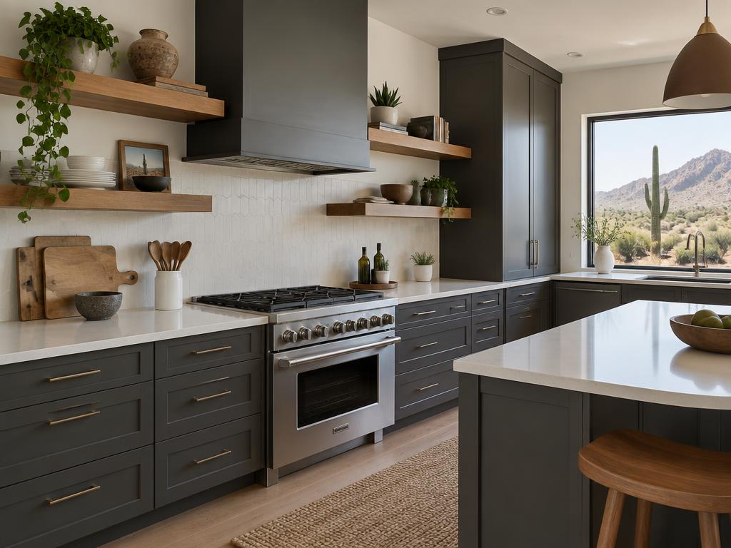 Charcoal cabinet kitchen remodel with quartz counters and wood shelving in Henderson